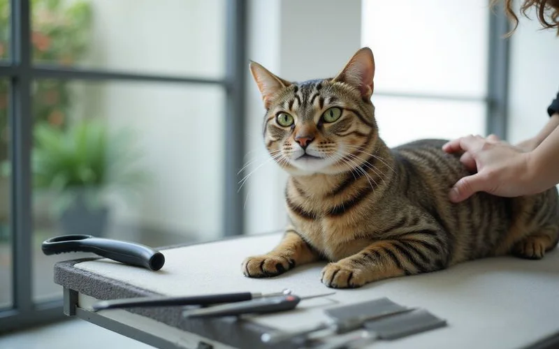 A calm cat sitting on a grooming table while a groomer in a clean apron carefully combs through its fur in a bright, tidy pet grooming facility