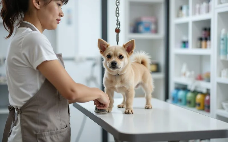A calm, well-lit pet grooming salon in Puchong with a groomer carefully trimming a small dog on a clean stainless steel table