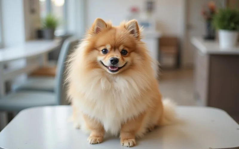 A happy dog sitting calmly after a grooming session with a clean coat, trimmed nails, and a bandana around its neck inside a bright pet salon