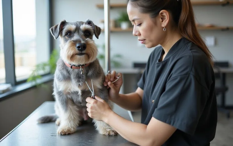 A friendly groomer carefully trimming a small fluffy dog on a grooming table inside a clean, well-lit pet salon in a suburban Malaysian neighbourhood