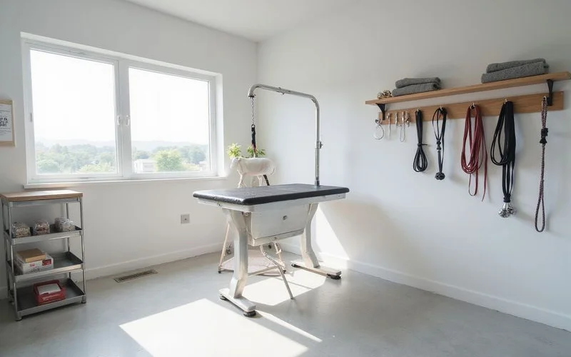 A professional pet groomer carefully trimming a small dog on a grooming table inside a clean, well-lit salon with grooming tools neatly arranged nearby