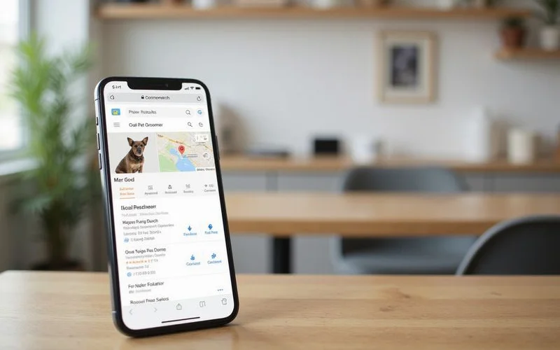 An independent local pet groomer directory page showing groomer listings across Puchong neighbourhoods including Puchong Jaya and Bandar Puteri with ratings and service details